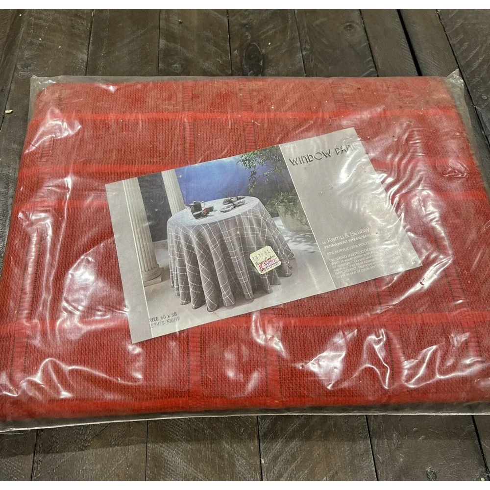 Vintage KEMP‎ & BEATLEY Red Window Pane Tablecloth 60 X 88 Polyester Acrylic NOS